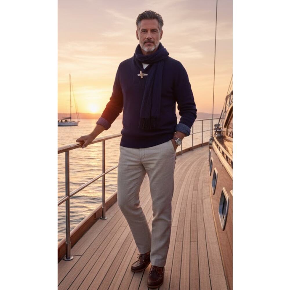 J. Peterman Navy Nautical Cotton Collar Sweater M Blue Preppy Coastal Yacht